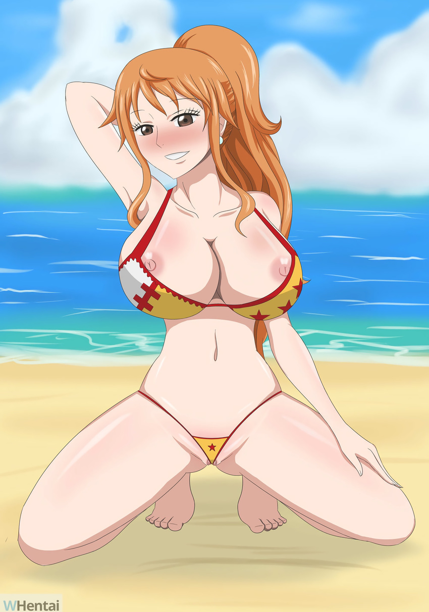 1girl alone barefoot beach bikini breasts breasts_outside brown_eyes clouds earring female ggc large_breasts long_hair nami_(one_piece) navel nipples one_piece orange_hair outdoors ponytail sand sea sky smile solo stomach swimsuit thick_thighs thighs water whentai