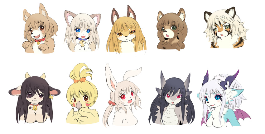 10girls bird black_hair blonde_hair blue_eyes brown_eyes brown_hair cat cow dog dragon fox furry green_eyes long_hair open_mouth orange_eyes orange_hair rabbit raccoon red_eyes tashiro_yuu tongue white_hair