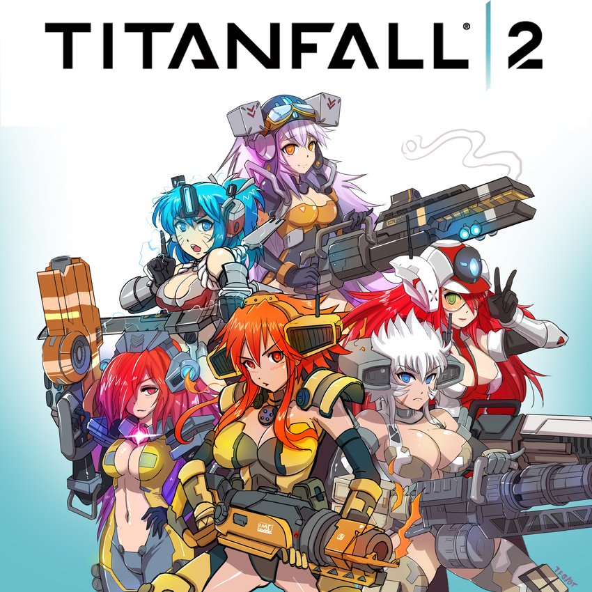 armor bangs bare_shoulders blue_eyes blue_hair bodysuit breasts camouflage cannon cleavage copyright_name elbow_gloves frown gatling_gun gloves goggles goggles_on_head gradient_hair green_eyes gun hair_ornament hair_over_one_eye helmet highres hmage ion_(titanfall_2) large_breasts legion_(titanfall_2) long_hair mecha_musume medium_breasts minigun multicolored_hair multiple_girls northstar_(titanfall) open_mouth orange_eyes orange_hair personification pink_hair ponytail purple_hair railgun red_eyes red_hair ronin_(titanfall_2) scar scorch_(titanfall_2) short_hair sidelocks smile sword thighhighs titanfall titanfall_2 tone_(titanfall_2) v visor weapon whisker_markings white_hair yellow_eyes