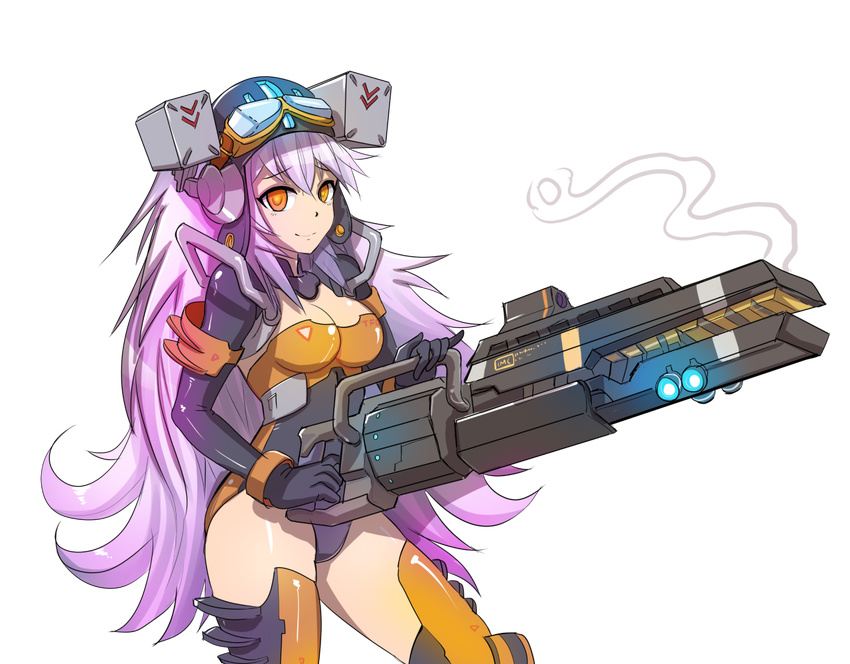 bodysuit breasts cleavage gun hmage mecha_musume medium_breasts northstar_(titanfall) personification pink_hair railgun smile smoke smoking_gun solo thighhighs titanfall titanfall_2 transparent_background weapon yellow_eyes