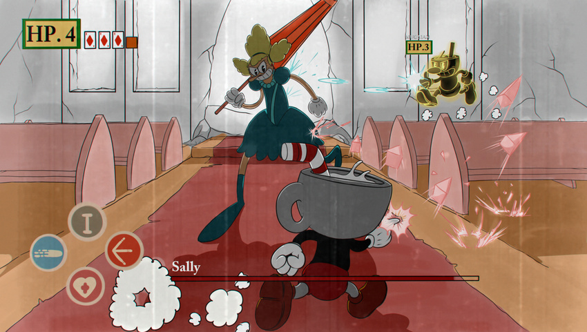 2boys 30s black_shirt blonde_hair blue_dress blue_footwear brown_footwear bullet character_name chromatic_aberration church commentary cuphead cuphead_(game) dark_souls dress firing gameplay_mechanics grin heads-up_display health_bar highres holding holding_umbrella indoors looking_at_another mugman multiple_boys oldschool parody perspective puffy_short_sleeves puffy_sleeves red_shorts ruins running sally_stageplay shirt shoes short_sleeves shorts smile smoke souls_(from_software) standing umbrella video_game viperxtr