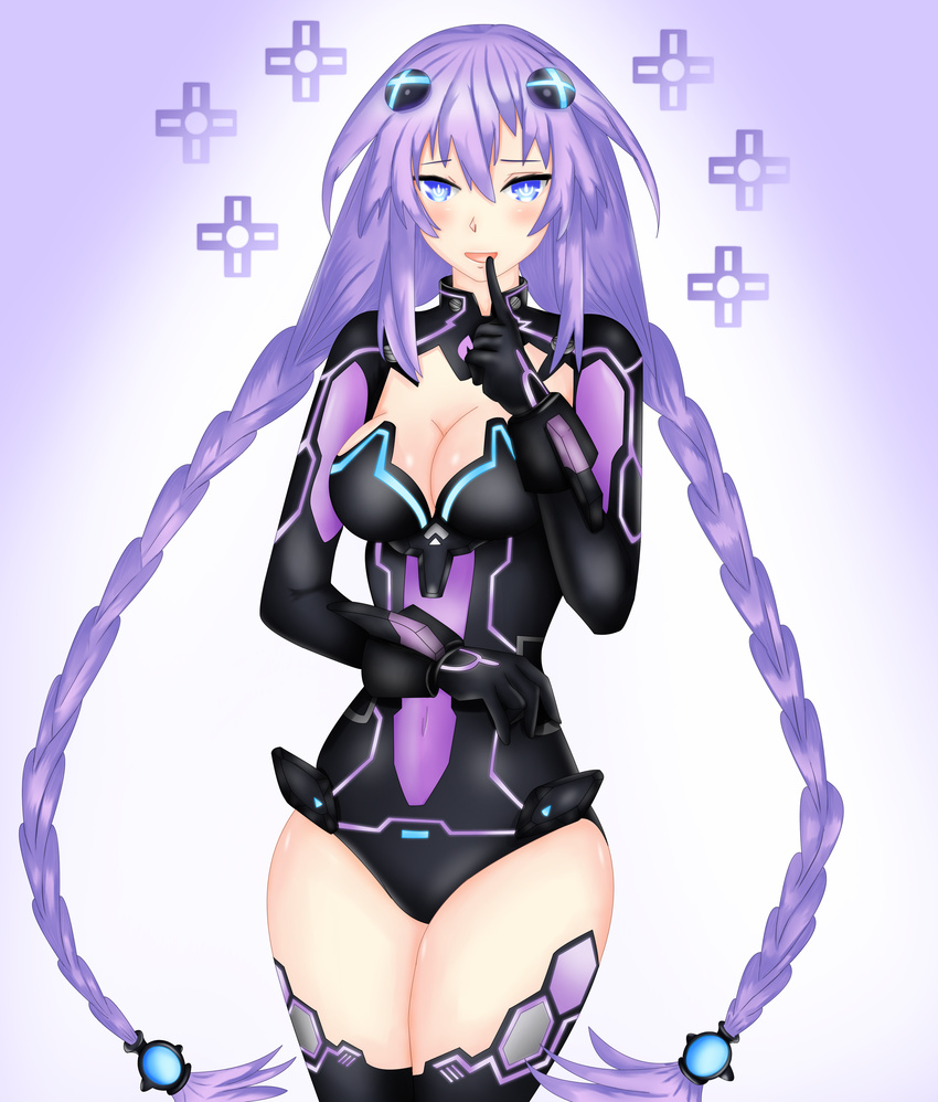 :d absurdres blue_eyes blush braid breasts cleavage commentary d-pad d-pad_hair_ornament gebyy-terar hair_ornament highres index_finger_raised leotard long_hair looking_at_viewer medium_breasts navel neptune_(series) open_mouth power_symbol purple_hair purple_heart rhapsofree smile solo symbol-shaped_pupils thighhighs twin_braids twintails very_long_hair