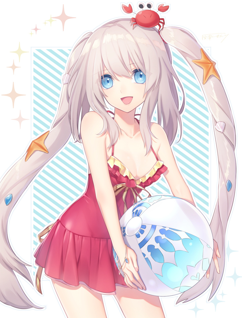 :d animal animal_on_head ball bangs bare_arms bare_shoulders beachball blue_eyes blue_outline bracelet breasts brown_ribbon cleavage collarbone commentary_request cowboy_shot crab crab_on_head eyebrows_visible_through_hair eyes_visible_through_hair fate/grand_order fate_(series) frilled_swimsuit frills hair_between_eyes haizome_senri highres holding jewelry long_hair looking_at_viewer marie_antoinette_(fate/grand_order) marie_antoinette_(swimsuit_caster)_(fate) medium_breasts on_head one-piece_swimsuit open_mouth outline pebble red_swimsuit ribbon shell_hair_ornament shiny shiny_hair shiny_skin sidelocks silver_hair smile solo sparkle sparkle_background standing starfish_hair_ornament striped striped_background swimsuit swimsuit_skirt twintails very_long_hair