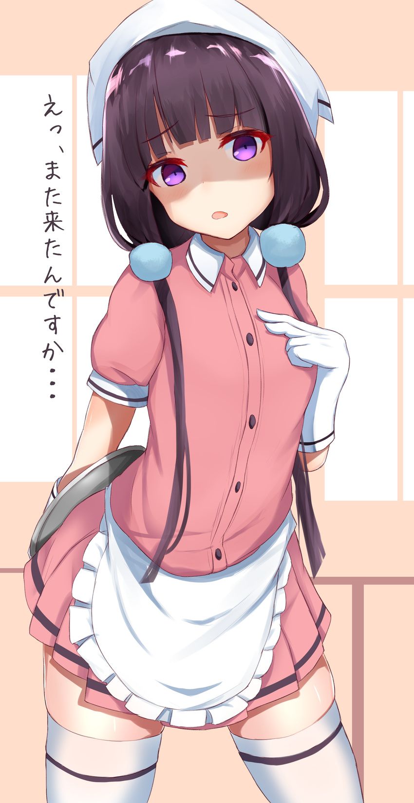 absurdres apron black_hair blend_s commentary d: gloves hair_ornament head_scarf highres long_hair looking_at_viewer low_twintails nanakaku open_mouth purple_eyes sakuranomiya_maika shaded_face short_sleeves simple_background solo stile_uniform thighhighs translated twintails waitress white_legwear zettai_ryouiki