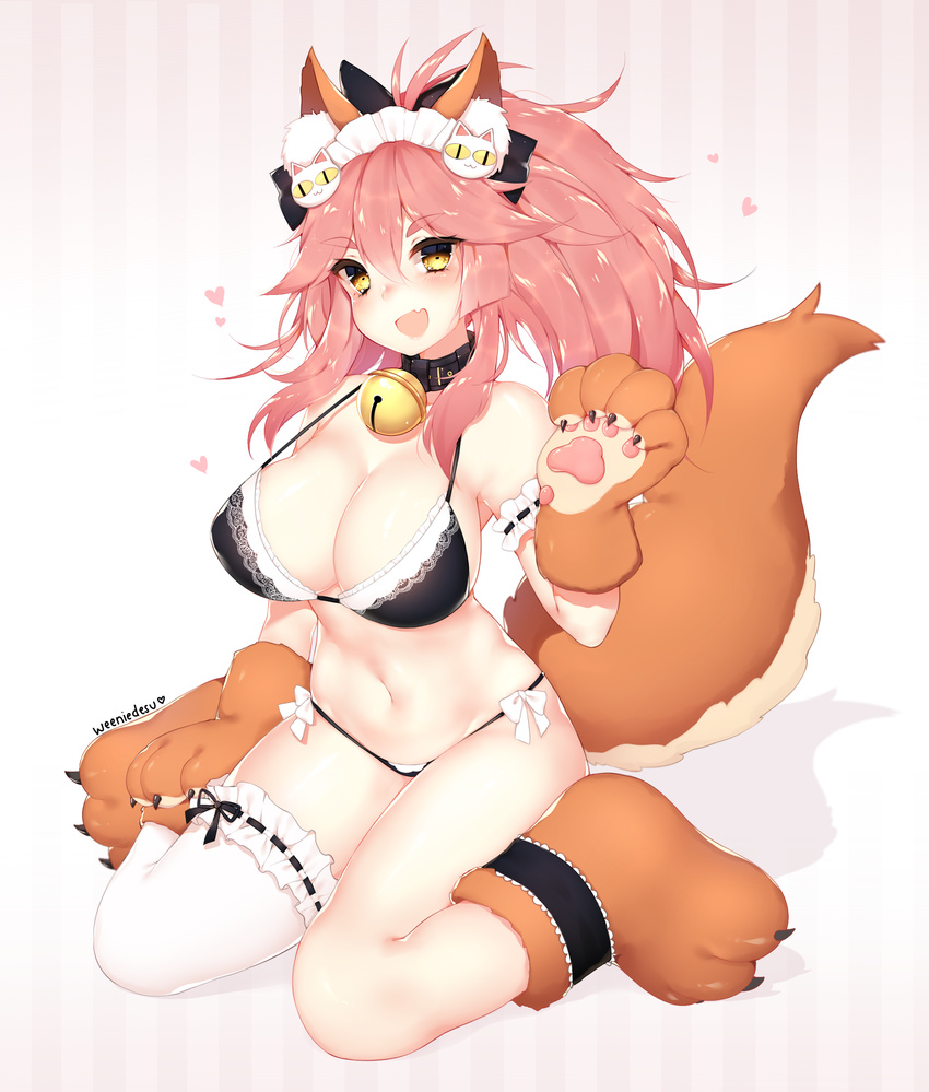 :d animal_ears artist_name asymmetrical_legwear bare_shoulders bell bell_collar black_bow black_bra bow bra breasts cat_hair_ornament cat_paws collar commentary ears_through_headwear fang fate_(series) fox_ears fox_tail gloves hair_ornament heart highres jingle_bell large_breasts legband long_hair looking_at_viewer maid_headdress midriff navel open_mouth paw_gloves paw_shoes paws pink_hair shoes single_thighhigh sitting smile solo string_panties striped striped_background tail tamamo_(fate)_(all) tamamo_cat_(fate) thighhighs underwear vertical_stripes wariza weeniedesu white_bow white_legwear yellow_eyes