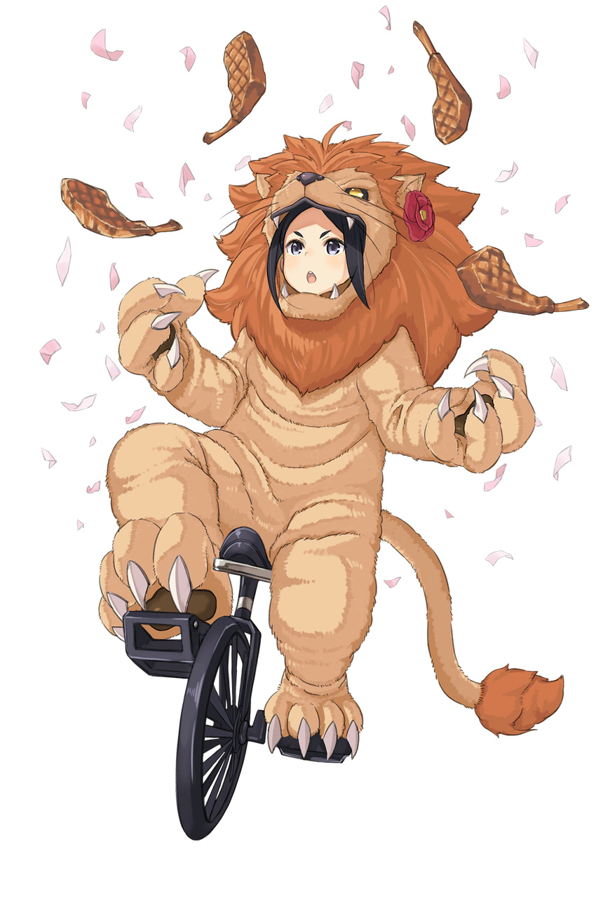 animal_costume bicycle black_hair chestnut_mouth flower food full_body ground_vehicle highres juggling lion_costume looking_at_viewer makaria meat official_art princess_principal princess_principal_game_of_mission riding solo toudou_chise transparent_background unicycle