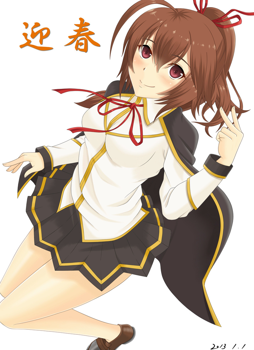 absurdres ahoge blazblue blush brown_eyes brown_hair cape celica_a_mercury esuto from_above hair_ribbon highres looking_up miniskirt pleated_skirt ponytail red_eyes red_ribbon ribbon school_uniform skirt smile solo v