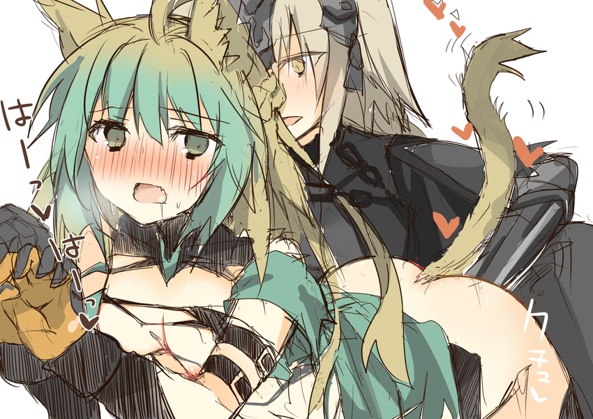 animal_ears armor armored_dress ass atalanta_(fate) black_gloves blonde_hair blush dress fate/apocrypha fate/grand_order fate_(series) gloves green_eyes green_hair highres jeanne_d'arc_(alter)_(fate) jeanne_d'arc_(fate)_(all) long_hair minami_(kiminitokimeki) multicolored_hair multiple_girls nipples open_mouth short_hair sketch tail two-tone_hair yellow_eyes yuri