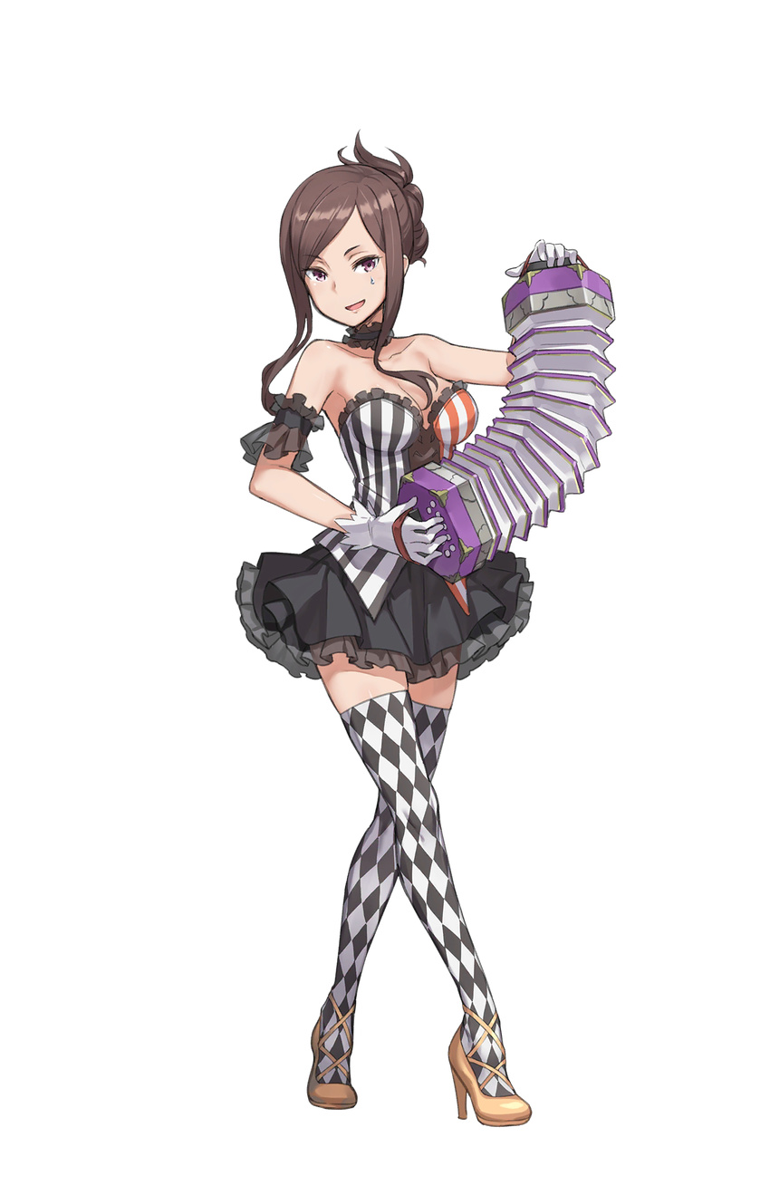 argyle argyle_legwear armband bare_shoulders black_skirt brown_hair concertina dorothy_(princess_principal) full_body gloves high_heels highres instrument looking_at_viewer makaria music official_art playing_instrument princess_principal princess_principal_game_of_mission purple_eyes skirt smirk solo standing striped sweatdrop thighhighs transparent_background vertical_stripes white_gloves