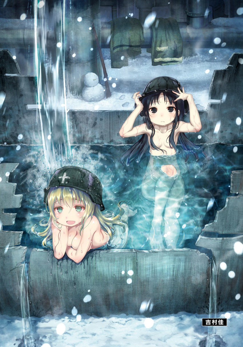 artist_name barefoot bathing black_hair blonde_hair breasts brodie_helmet chito_(shoujo_shuumatsu_ryokou) clothes_removed convenient_arm gun hair_censor hair_over_breasts helmet highres large_breasts long_hair multiple_girls nude onsen rifle shoujo_shuumatsu_ryokou small_breasts snow snowing stahlhelm weapon yoshimura_yoshi yuuri_(shoujo_shuumatsu_ryokou)