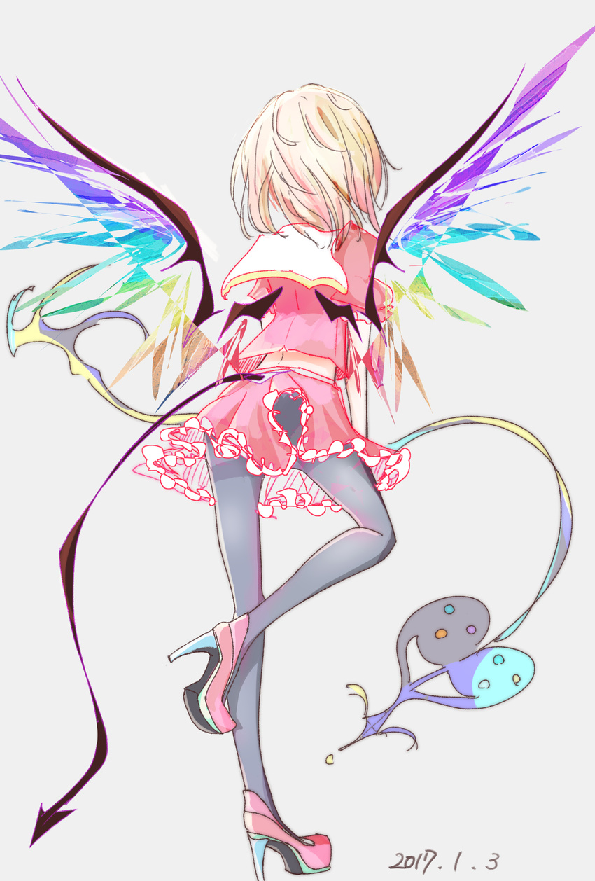abstract black_legwear blonde_hair commentary_request dated demon_tail flandre_scarlet from_behind full_body grey_background high_heels highres laevatein midriff miniskirt pantyhose puffy_short_sleeves puffy_sleeves rainbow_gradient red_footwear red_skirt shoes short_sleeves simple_background sketch skirt skirt_set solo standing standing_on_one_leg tail touhou vest wings yuyuhashi