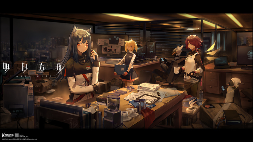 3girls animal_ears arknights bangs bird black_dress black_gloves black_hair blonde_hair blue_hair box brown_eyes brown_hair carrying chair clipboard closed_mouth coffee_mug commentary_request computer cup desk dress exusiai_(arknights) eyebrows_visible_through_hair fingerless_gloves flipped_hair fox_ears gloves hair_over_one_eye halo hand_up highres holding holding_box holding_cup huanxiang_heitu indoors jacket key laptop letterboxed long_hair long_sleeves looking_at_viewer mask miniskirt monitor mug multiple_girls name_tag night office office_chair official_art paper penguin pursed_lips red_eyes saucer short_hair sidelocks skirt smile sora_(arknights) standing sticky_note texas_(arknights) the_emperor_(arknights) tsurime twintails wallpaper white_hair window