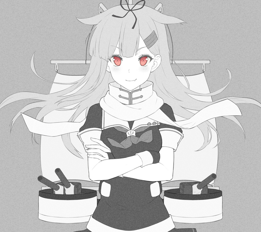 &gt;:) bad_id bad_pixiv_id bangs commentary_request crossed_arms dan_(kumadan) fang fingerless_gloves gloves grey hair_flaps hair_ornament hair_ribbon hairclip kantai_collection long_hair machinery monochrome neckerchief red_eyes remodel_(kantai_collection) ribbon scarf short_sleeves smile solo spot_color turret v-shaped_eyebrows yuudachi_(kantai_collection)