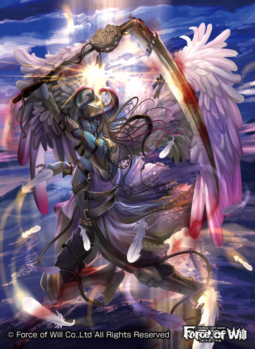 absurdres barefoot black_hair blood blue_skin bracelet cloud cloudy_sky copyright_name day feathered_wings feathers force_of_will helmet highres horns jewelry long_hair male_focus official_art red_eyes sakai_yuuki_(yu_kino) scythe sky solo wings