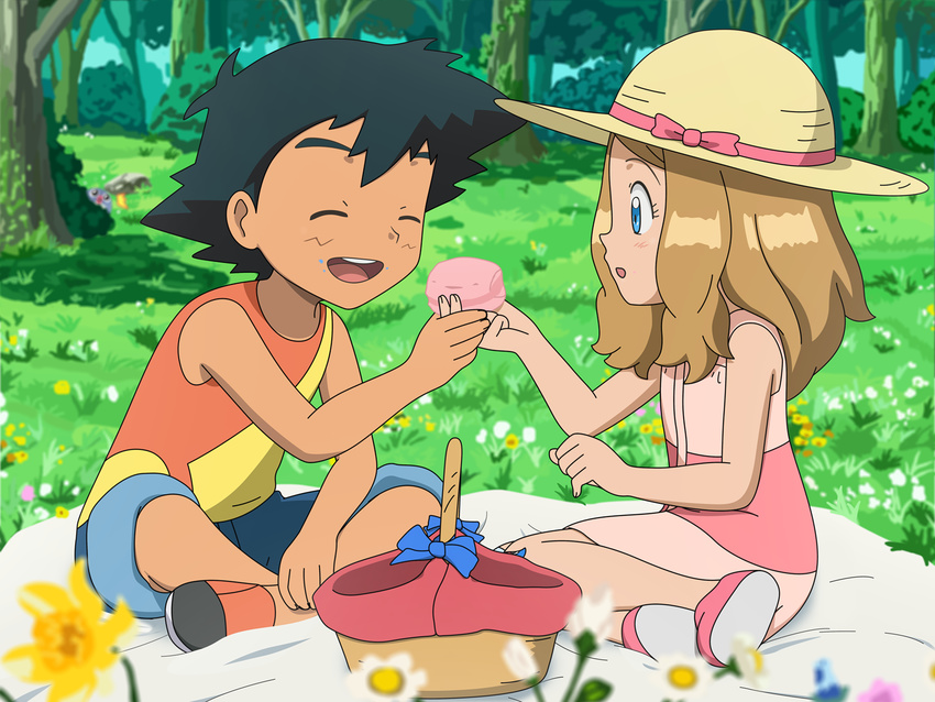 1boy 1girl blush child happy highres picnic pokemon pokemon_(anime) pokemon_xy_(anime) satoshi_(pokemon) serena_(pokemon) sitting smile younger