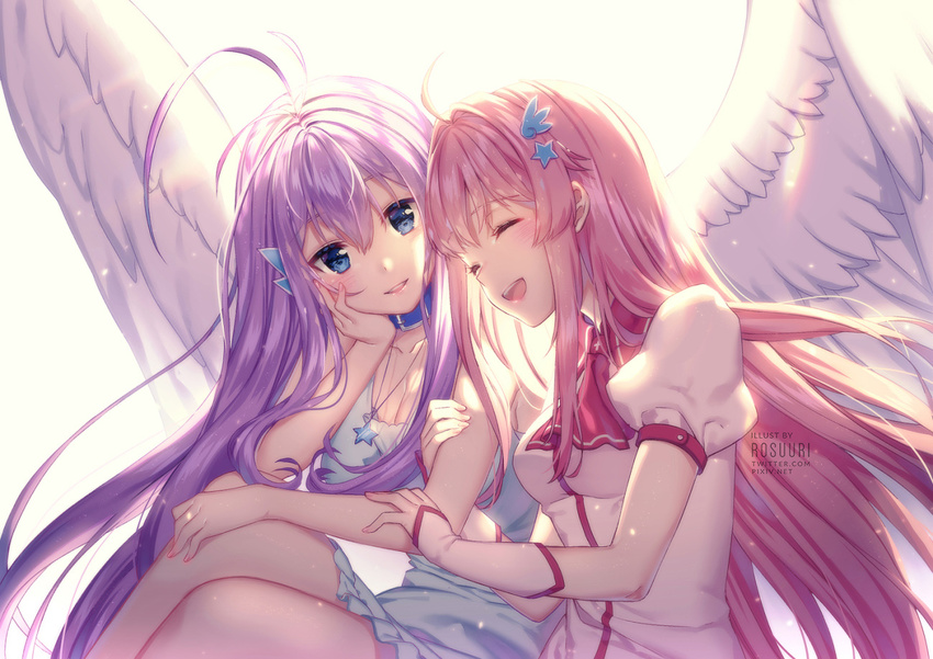 ^_^ ahoge arm_holding artist_name backlighting bangs blue_eyes closed_eyes commentary_request eyebrows_visible_through_hair feathered_wings hair_between_eyes hand_on_own_cheek long_hair looking_at_another multiple_girls open_mouth original parted_lips pink_hair puffy_short_sleeves puffy_sleeves purple_hair rosuuri short_sleeves sidelocks simple_background sitting smile teeth white_background white_wings wings