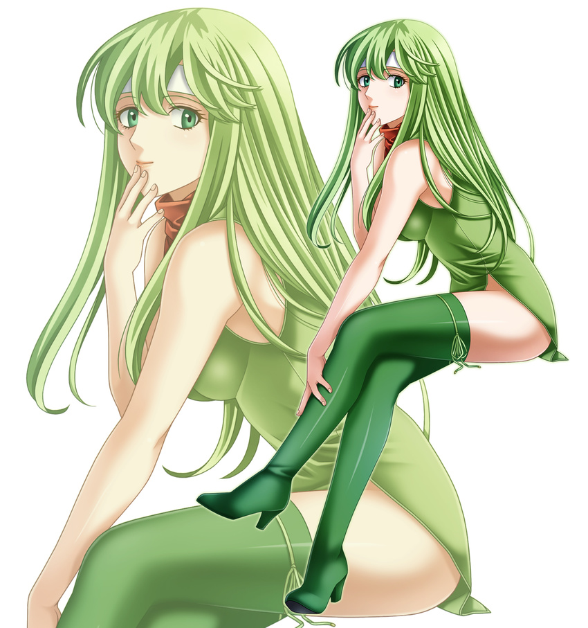 bangs bare_arms bare_shoulders blush boots breasts closed_mouth crossed_legs dress finger_to_mouth fire_emblem from_side full_body green_dress green_eyes green_footwear green_hair green_ribbon hand_on_own_leg headband high_heel_boots high_heels highres invisible_chair leaning_forward lips long_hair looking_at_viewer looking_to_the_side medium_breasts paola ribbon side_slit simple_background sitting sleeveless sleeveless_dress smile solo tamamon thigh_boots thighhighs very_long_hair white_background zoom_layer