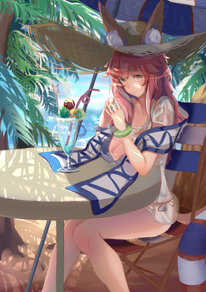 animal_ears bikini blue_bikini blush breasts cleavage collarbone day ears_through_headwear fate/extra fate/grand_order fate_(series) fox_ears fox_tail hat highres large_breasts long_hair looking_at_viewer nature ocean outdoors palm_leaf palm_tree pink_hair sakaki_(sakayu123) see-through sitting solo sun_hat swimsuit tail tamamo_(fate)_(all) tamamo_no_mae_(swimsuit_lancer)_(fate) tree yellow_eyes