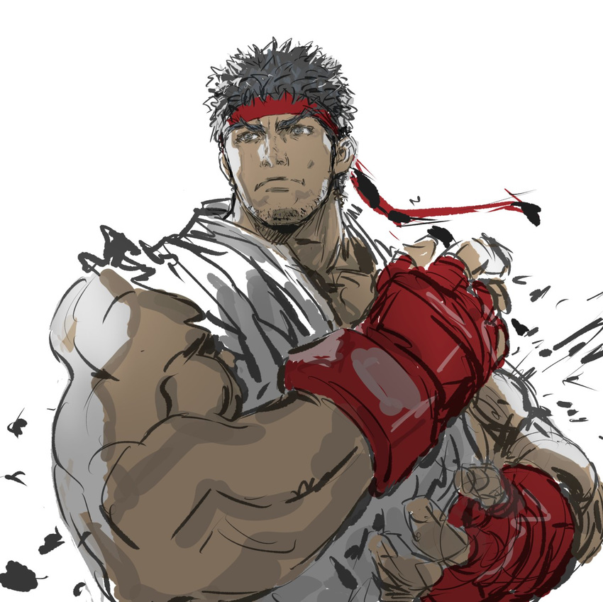 black_hair commentary_request dougi fighting_stance fingerless_gloves gloves grey_eyes headband highres male_focus muscle red_gloves ryuu_(street_fighter) sketch sleeveless solo street_fighter thick_eyebrows yasuda_akira