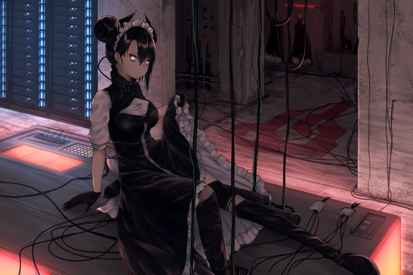 1girl absurdres agent_(girls_frontline) android arm_support bangs black_footwear black_gloves black_hair black_legwear boots cable double_bun dress dress_lift garter_straps girls_frontline gloves gun hair_between_eyes highres huge_filesize indoors lights long_hair looking_at_viewer maid maid_headdress nazuna_(nazuna_a2) puffy_sleeves reclining sangvis_ferri server_room sidelocks sitting solo thigh_boots thighhighs tsurime weapon yellow_eyes