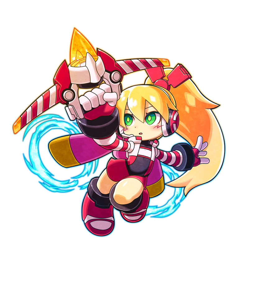 alpha_transparency android bow bow_(weapon) call_(mighty_no._9) chibi crossbow full_body gloves green_eyes hair_bow headset highres jetpack long_hair mighty_gunvolt mighty_gunvolt_burst mighty_no._9 natsume_yuji official_art open_mouth orange_hair parted_lips ponytail solo transparent_background weapon