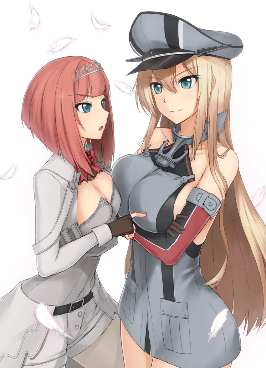 &gt;:) ark_royal_(kantai_collection) asymmetrical_docking bad_id bad_pixiv_id bare_shoulders bismarck_(kantai_collection) blonde_hair blue_eyes breast_poke breast_press breasts brown_gloves commentary_request corset crossed_arms detached_sleeves fingerless_gloves ghound gloves hair_between_eyes hairband hat highres kantai_collection large_breasts long_hair long_sleeves medium_breasts military military_uniform multiple_girls peaked_cap poking red_hair short_hair simple_background smile tiara uniform v-shaped_eyebrows white_background white_corset white_legwear