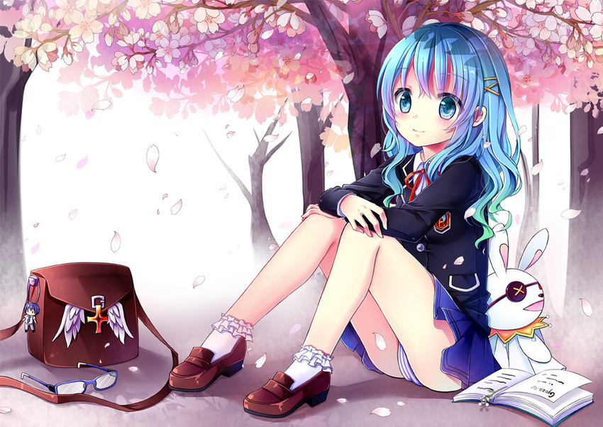 black_jacket blue_eyes blue_hair blue_skirt book cherry_blossoms crossed_arms date_a_live day eyebrows_visible_through_hair eyewear_removed green_hair gyaza jacket loafers long_hair miniskirt multicolored_hair neck_ribbon open_book outdoors panties pantyshot pantyshot_(sitting) pleated_skirt red_ribbon ribbon shoes sitting skirt smile socks solo striped striped_panties tree two-tone_hair underwear white_legwear yoshino_(date_a_live) yoshinon