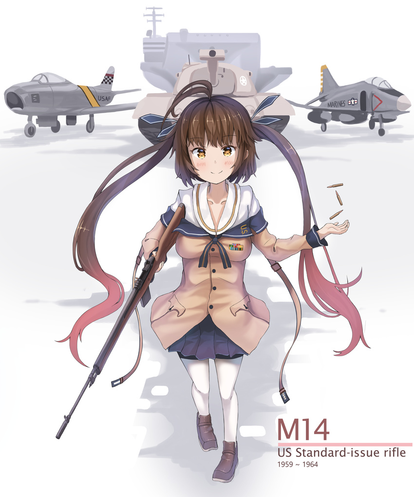 absurdly_long_hair absurdres ahoge aircraft aircraft_carrier airplane blue_skirt blush brown_eyes brown_hair character_name closed_mouth eyebrows_visible_through_hair f-4_phantom_ii f-86_sabre full_body girls_frontline ground_vehicle gun highres holding holding_gun holding_weapon long_hair looking_at_viewer m14_(girls_frontline) m48_patton military military_vehicle motor_vehicle multicolored_hair pantyhose red_hair shell_casing ship skirt smile sobmarine solo tank twintails two-tone_hair very_long_hair warship watercraft weapon white_legwear