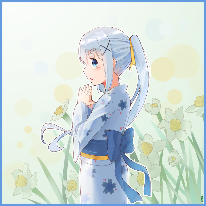 :o alternate_hairstyle bangs blue_border blue_eyes blue_kimono blush border cherry_blossom_print coffeiz_p cowboy_shot daffodil eyebrows_visible_through_hair fingers_together floral_background floral_print flower from_side gochuumon_wa_usagi_desu_ka? gradient gradient_background hair_ornament hair_ribbon hairclip highres japanese_clothes kafuu_chino kimono light_blue_hair long_hair long_sleeves looking_at_viewer obi open_mouth outline ponytail print_kimono profile ribbon sash sidelocks solo standing white_outline wide_sleeves x_hair_ornament yellow_ribbon