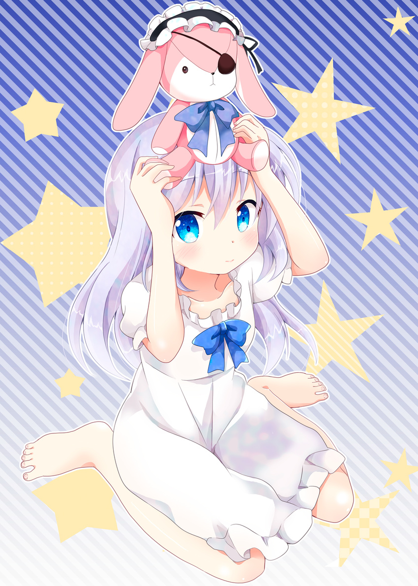 arms_up bangs bare_legs barefoot blue_bow blue_eyes blush bow closed_mouth collarbone commentary_request diagonal-striped_background diagonal_stripes dress eyebrows_visible_through_hair eyepatch flat_chest full_body gochuumon_wa_usagi_desu_ka? gradient gradient_background hair_between_eyes highres kafuu_chino lavender_hair long_hair looking_at_viewer maid_headdress massala nightgown on_head puffy_short_sleeves puffy_sleeves short_sleeves sitting smile solo star starry_background striped striped_background stuffed_animal stuffed_bunny stuffed_toy toes wariza white_dress