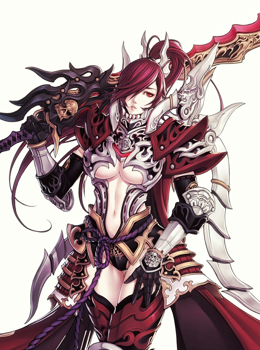 armor black_gloves breasts carrying_over_shoulder cowboy_shot genderswap genderswap_(mtf) gloves hair_over_one_eye highres holding holding_sword holding_weapon large_breasts looking_at_viewer midriff navel oda_nobunaga one_eye_covered over_shoulder ponytail real_life real_life_insert red_eyes solo sword underboob weapon weapon_over_shoulder wei_(kaminari0411)