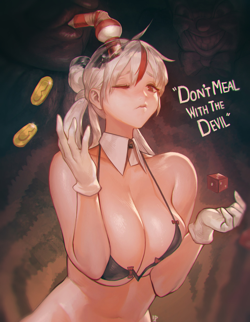 bikini_top breasts chromatic_aberration coin cuphead cuphead_(game) dark_background detached_collar dice drinking drinking_straw evil_smile genderswap genderswap_(mtf) gloves highres instant_ip king_dice large_breasts multicolored_hair navel one_eye_closed personification smile stomach two-tone_hair upper_body white_gloves