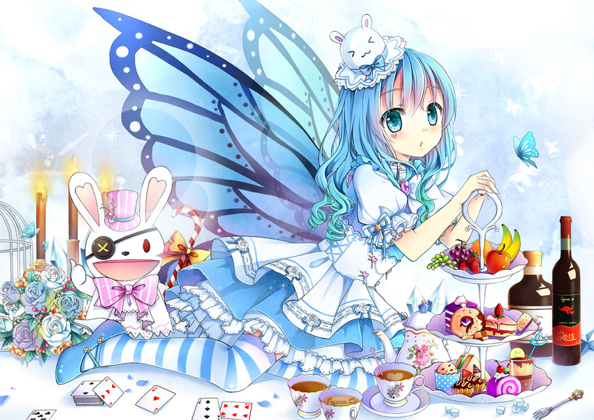 2015 blue_dress blue_eyes blue_hair blue_ribbon blue_wings bottle bug butterfly butterfly_wings date_a_live dress eyebrows_visible_through_hair eyepatch gyaza hair_between_eyes hair_ornament heart heart_print insect layered_dress long_hair looking_at_viewer ribbon short_dress short_sleeves solo striped striped_legwear thighhighs transparent wings yoshino_(date_a_live) yoshinon