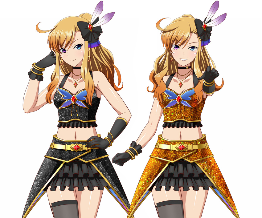 black_skirt blue_eyes cowboy_shot frilled_skirt frills heterochromia highres ichimedoo idol idolmaster idolmaster_(classic) idolmaster_one_for_all leon_(idolmaster) long_hair looking_at_viewer midriff miniskirt orange_hair ponytail purple_eyes skirt smile