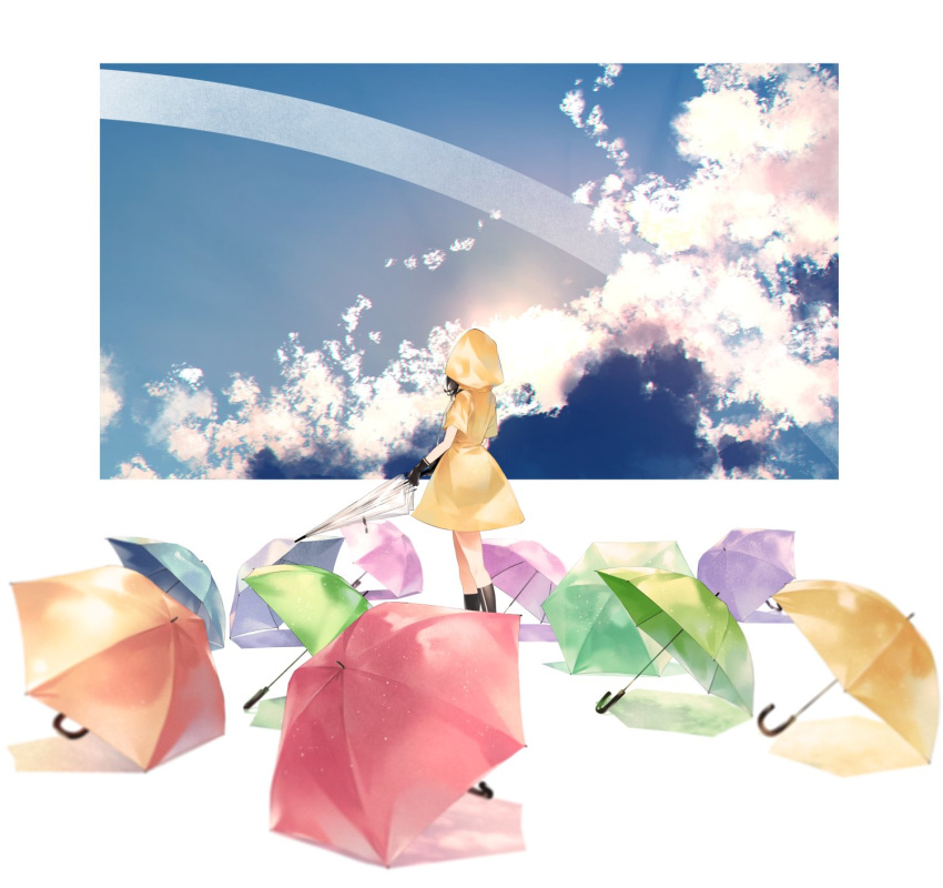 1girl black_gloves black_hair blue_sky boots cloud cloudy_sky commentary_request facing_away from_behind gloves highres holding holding_umbrella medium_hair original raincoat sky solo sousou_(sousouworks) too_many_umbrellas umbrella