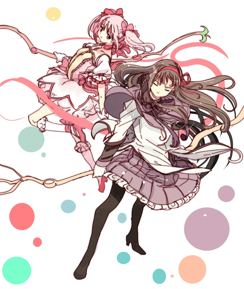 akemi_homura black_hair black_legwear bow breasts choker closed_eyes closed_mouth dress edoya_inuhachi facing_viewer frown gloves hair_ribbon hairband highres holding jumping kaname_madoka legs_apart long_hair long_sleeves looking_at_another magical_girl mahou_shoujo_madoka_magica multiple_girls pantyhose pink_dress pink_eyes pink_footwear pink_hair pink_neckwear puffy_short_sleeves puffy_sleeves purple_bow red_ribbon ribbon short_sleeves short_twintails small_breasts staff standing standing_on_one_leg twintails white_gloves white_uniform