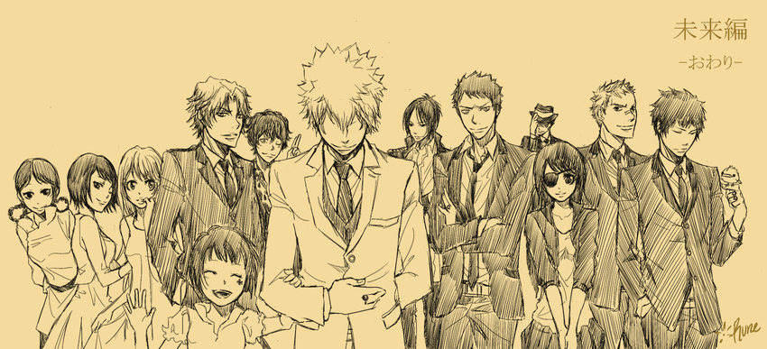 chrome_dokuro gokudera_hayato greyscale hibari_kyouya katekyo_hitman_reborn! long_hair miura_haru monochrome multiple_boys multiple_girls reborn rokudou_mukuro runesque sasagawa_kyouko sasagawa_ryohei sawada_tsunayoshi short_hair uni_(reborn) yamamoto_takeshi