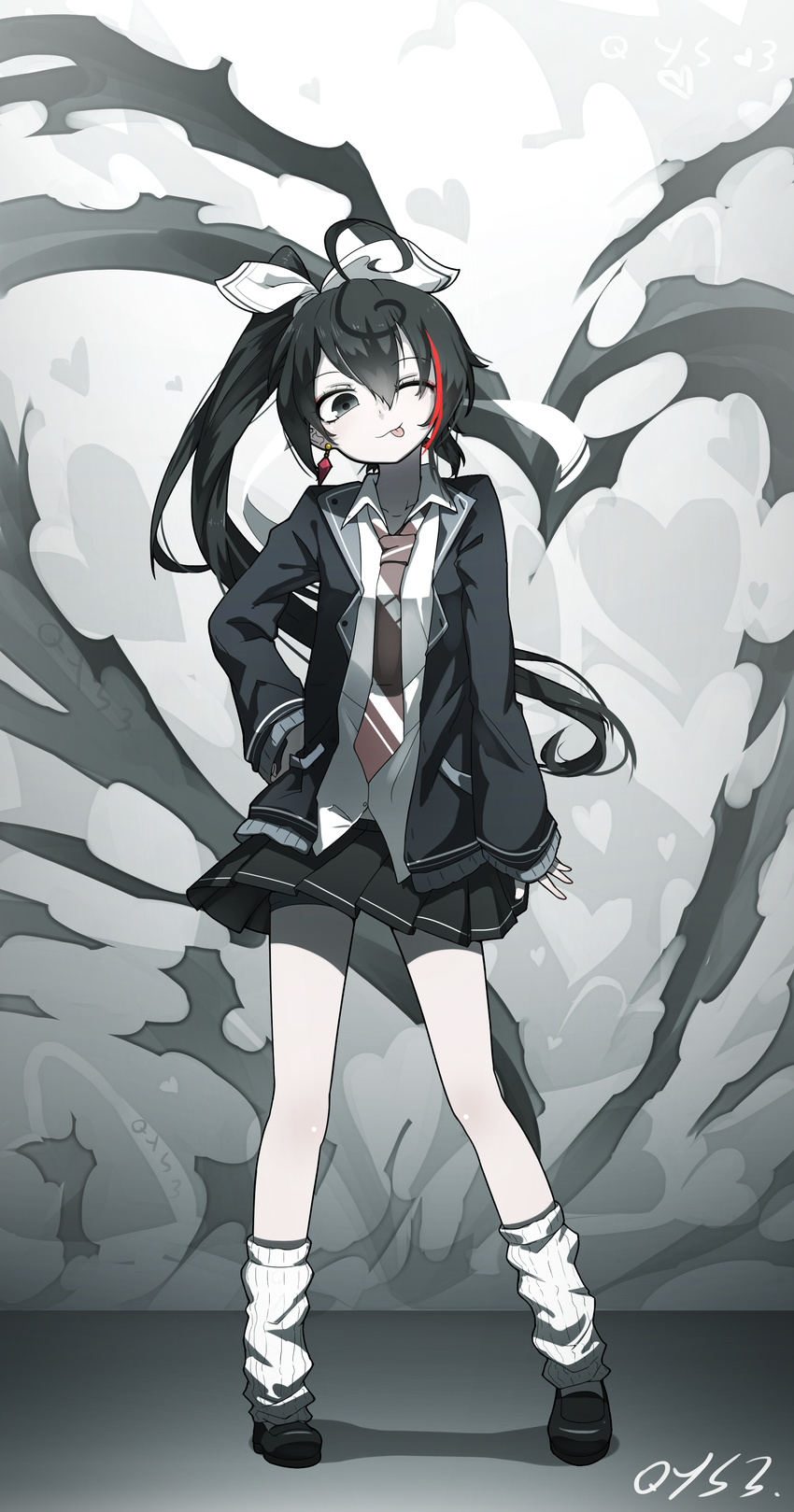 ;p absurdres bai_yemeng black_eyes black_hair chinese_commentary commentary_request earrings hair_ribbon highres jewelry long_hair loose_socks multicolored_hair necktie one_eye_closed original pleated_skirt ponytail ribbon shirt skirt socks solo spot_color tongue tongue_out two-tone_hair