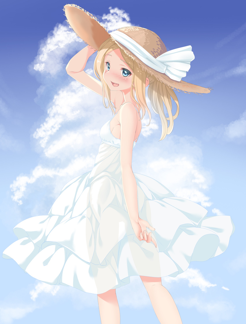 a9b_(louis814) absurdres aleksandra_i_pokryshkin arm_up bare_shoulders blue_eyes blush brave_witches breasts cloud commentary_request day dress eyebrows_visible_through_hair from_behind hat highres long_hair looking_at_viewer looking_back open_mouth outdoors ponytail see-through_silhouette sky sleeveless sleeveless_dress small_breasts smile solo standing straw_hat sun_hat sundress tongue wavy_mouth white_dress world_witches_series