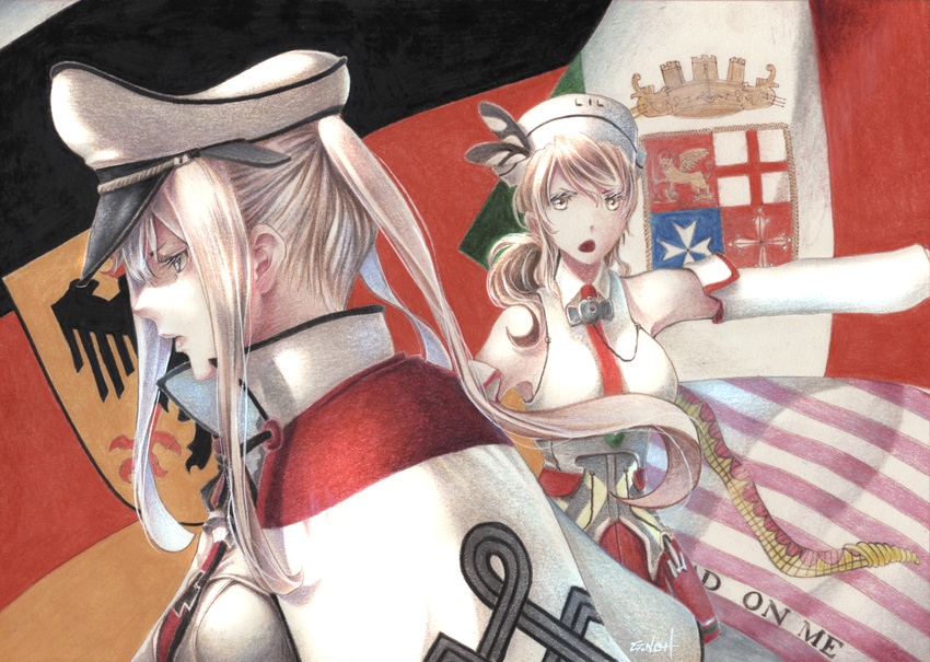 artist_name bare_shoulders blonde_hair blue_eyes brown_eyes brown_hair capelet detached_sleeves germany graf_zeppelin_(kantai_collection) hat italy kantai_collection littorio_(kantai_collection) long_hair military military_uniform millipen_(medium) mixed_media multiple_girls open_mouth peaked_cap pleated_skirt red_skirt shirt sidelocks skirt tesun_(g_noh) traditional_media twintails uniform watercolor_pencil_(medium) white_shirt