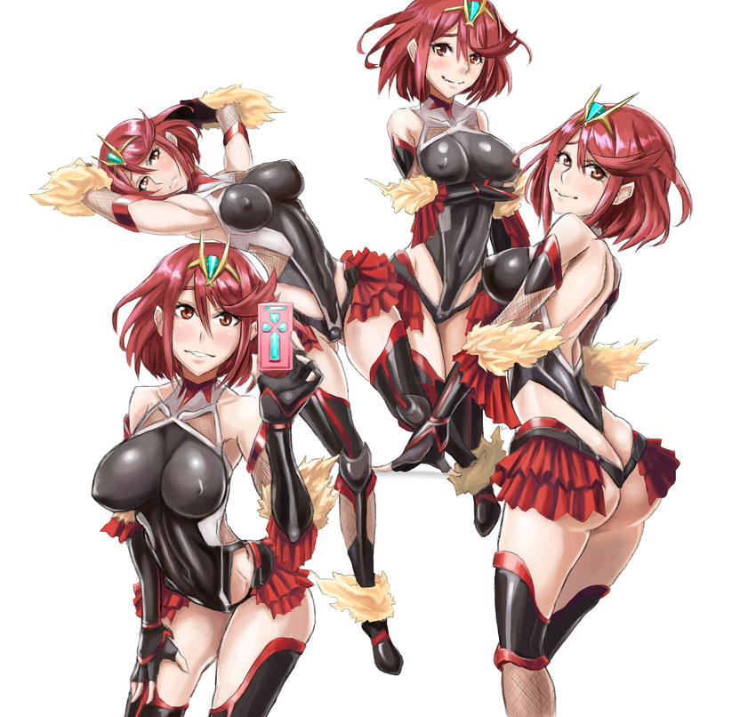 armpits ass bare_shoulders breasts cellphone cosplay covered_navel damagefloor earrings fingerless_gloves gloves hair_ornament highres homura_(xenoblade_2) jewelry large_breasts looking_at_viewer mizuki_yukikaze mizuki_yukikaze_(cosplay) phone red_eyes red_hair short_hair shorts sidelocks simple_background smile solo taimanin_(series) taimanin_suit taimanin_yukikaze tiara white_background xenoblade_(series) xenoblade_2