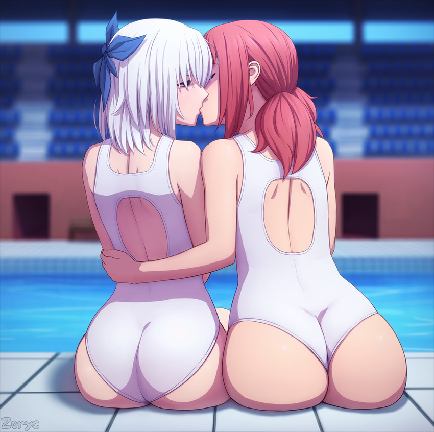 arm_around_waist ass back back_cutout closed_eyes competition_swimsuit from_behind hair_ribbon highres keijo!!!!!!!! kiss miyata_sayaka multiple_girls one-piece_swimsuit pink_hair pool poolside ribbon silver_hair sitting skindentation swimsuit toyoguchi_non water wedgie white_swimsuit yuri zoryc