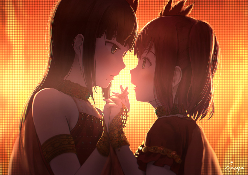 armlet artist_name backlighting bangs bare_shoulders blunt_bangs blush bridal_gauntlets brown_hair choker commentary_request dark dress eye_contact feathers from_side green_eyes hair_feathers holding_hands incest inferno_phoenix interlocked_fingers kurosawa_dia kurosawa_ruby long_hair looking_at_another love_live! love_live!_sunshine!! mole mole_under_mouth multiple_girls one_side_up papi_(papiron100) parted_lips profile red_dress red_hair short_hair short_sleeves siblings signature sisters sleeveless sleeveless_dress tareme upper_body yuri