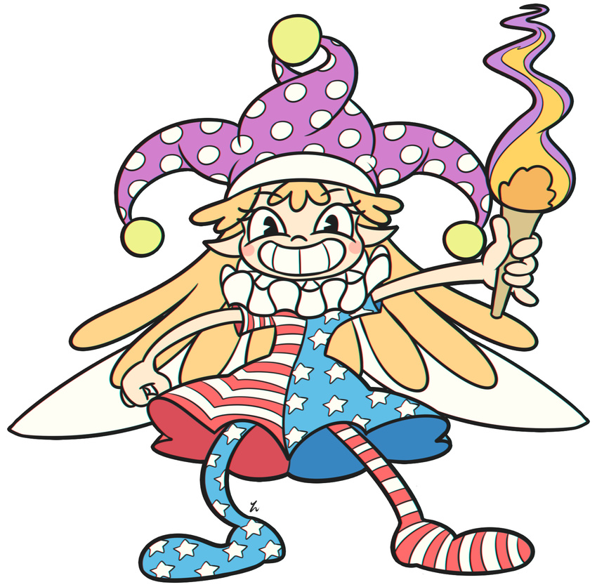 30s american_flag_dress black_eyes blonde_hair chromatic_aberration clownpiece commentary cuphead_(game) fairy_wings fire full_body grin hat highres jester_cap long_hair neck_ruff oldschool pantyhose parody polka_dot simple_background smile solo star star_print striped striped_legwear style_parody torch touhou white_background wings yatsunote