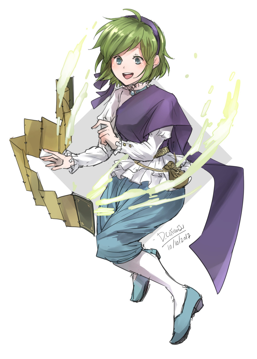 absurdres alternate_costume blue_eyes blush book cape dc9spot fire_emblem fire_emblem:_rekka_no_ken fire_emblem_heroes green_hair hairband highres nino_(fire_emblem) open_mouth short_hair smile solo