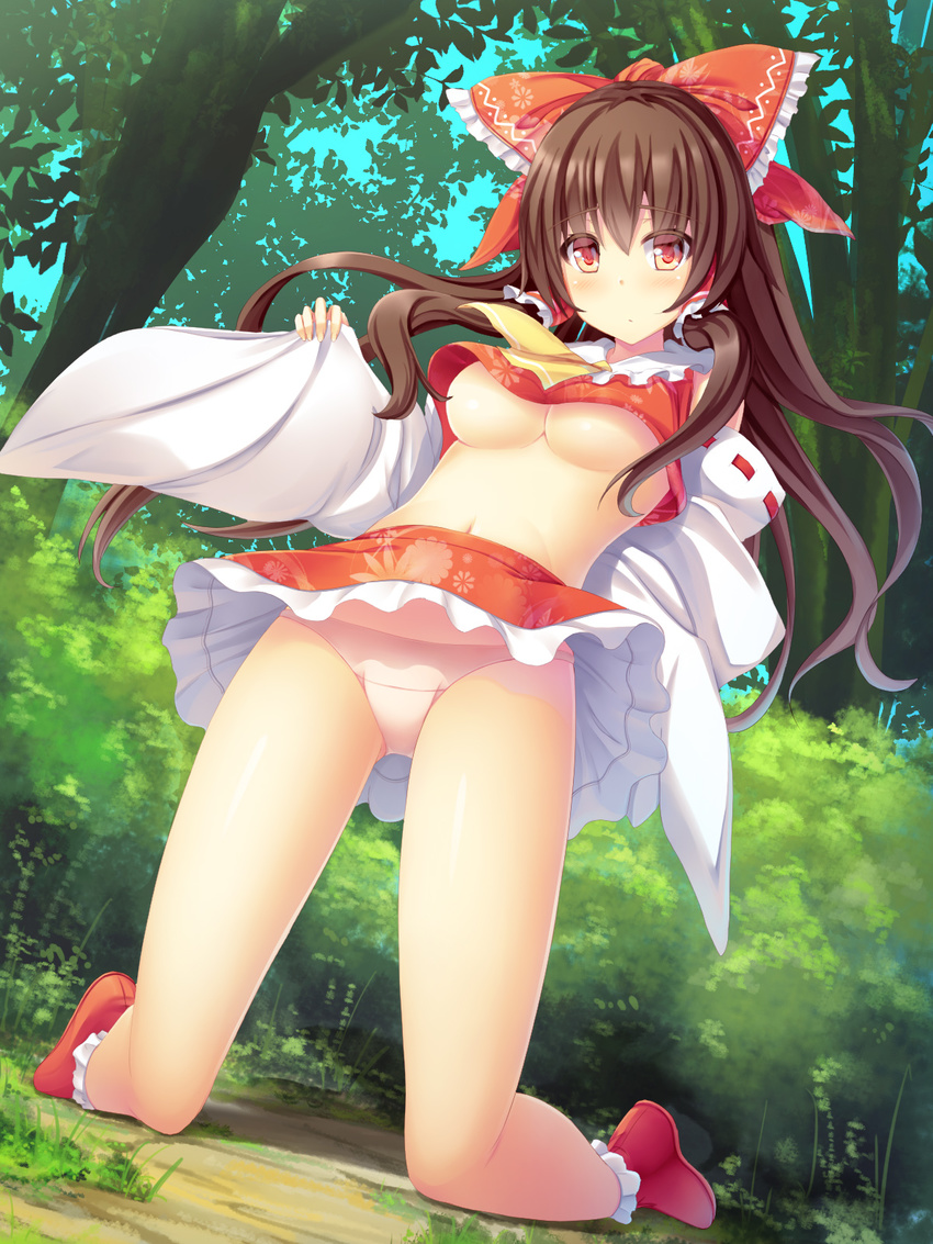 ascot bangs blue_sky blush bow breasts brown_hair bush closed_mouth crop_top crop_top_overhang day detached_sleeves eyebrows_visible_through_hair floral_print frilled_bow frilled_shirt_collar frilled_skirt frills hair_bow hair_tubes hakurei_reimu highres kneeling liya long_hair long_sleeves looking_at_viewer md5_mismatch medium_breasts navel no_bra outdoors panties pantyshot pantyshot_(kneeling) pink_panties red_bow red_eyes red_footwear red_skirt shiny shiny_skin shoes sidelocks skirt sky sleeves_past_wrists solo stomach tareme thighs touhou tree underboob underwear upskirt wide_sleeves wind wind_lift yellow_neckwear