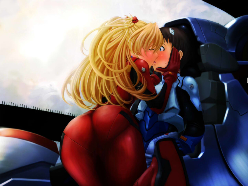 1boy 1girl a10_nerve_clips artist_request ass assertive blonde_hair blue_eyes blush bodysuit brown_hair cockpit eyes_closed femdom ikari_shinji kiss neon_genesis_evangelion pilot_suit plugsuit soryu_asuka_langley