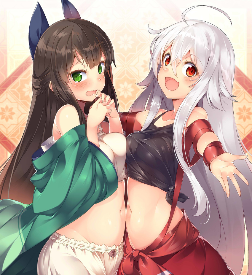 :d absurdres ahoge asymmetrical_docking bangs bare_shoulders belly_to_belly black_ribbon bloomers blush breast_press breasts brown_hair chiya_(urara_meirochou) collarbone commentary_request eyebrows_visible_through_hair green_eyes green_kimono hair_between_eyes hair_ribbon half_updo hands_up highres japanese_clothes kimono kokka_han long_hair long_sleeves looking_at_viewer medium_breasts multiple_girls navel off_shoulder open_clothes open_kimono open_mouth outstretched_arm red_eyes ribbon shiny shiny_skin shirt sidelocks silver_hair sleeveless smile stomach tank_top tareme tatsumi_kon tearing_up tears tied_shirt underwear upper_body urara_meirochou very_long_hair wavy_mouth