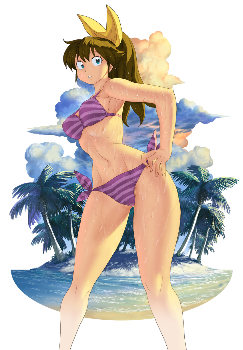 1girl blue_eyes brown_hair cloud hair_bow highres m.u.g.e.n navel oggy original palm_tree partially_visible_vulva ponytail purple_bikini ryuuko_(oggy) side-tie_bikini solo striped_bikini tagme tree water wet wet_clothes