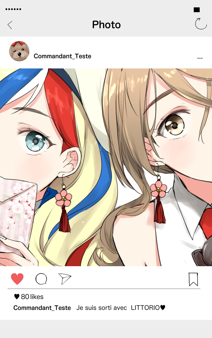 absurdres aqua_eyes beret blonde_hair blue_hair brown_eyes brown_hair close-up commandant_teste_(kantai_collection) commentary_request covered_mouth earrings fake_screenshot floral_print flower_earrings french hat heart highres instagram jewelry kantai_collection littorio_(kantai_collection) morinaga_miki mouth_out_of_frame multicolored_hair multiple_girls out_of_frame phone_screen red_hair side-by-side streaked_hair translated yuri